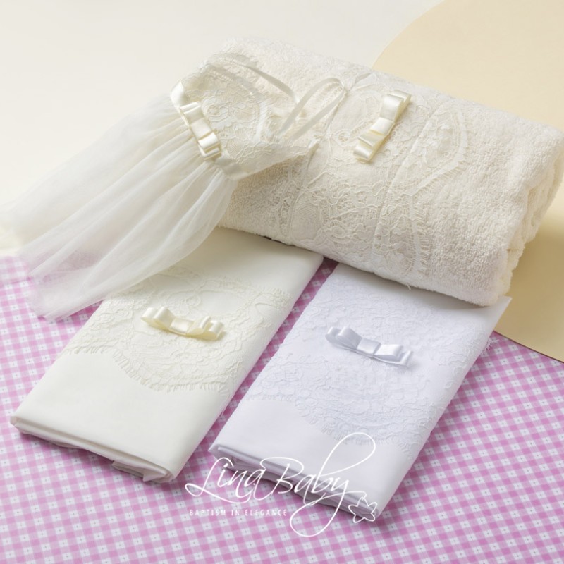 Λαδόπανα Βάπτισης “Glaudie” – Γαλλική Δαντέλα & Σατέν Φιόγκος