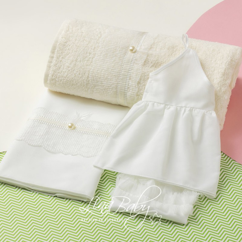 Λαδόπανο Βάπτισης Κοριτσιού - Ιβουάρ με Πλισέ Δαντέλα Chantilly & Πέρλα