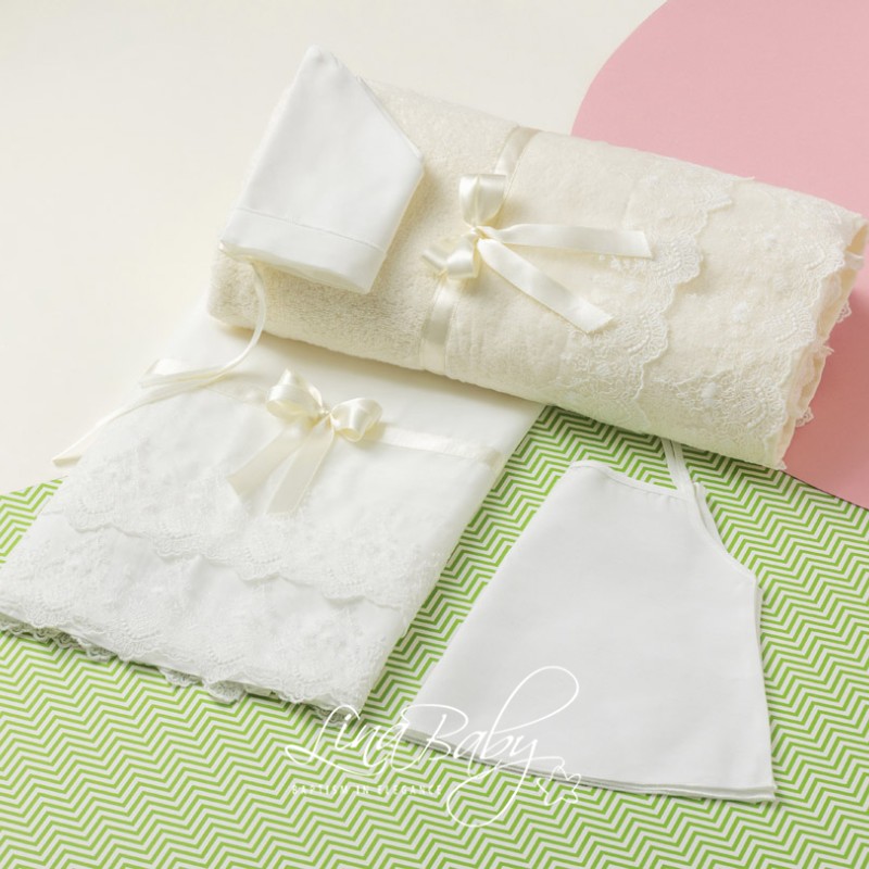 Λαδόπανο Βάπτισης Κοριτσιού - Ονειρικό Ιβουάρ με Γαλλική Δαντέλα & Φιόγκους