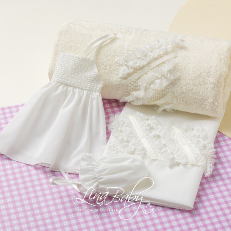 Λαδόπανα Βάπτισης – Off White με Ριγέ Οργαντίνα & Βολάν με Πέρλες