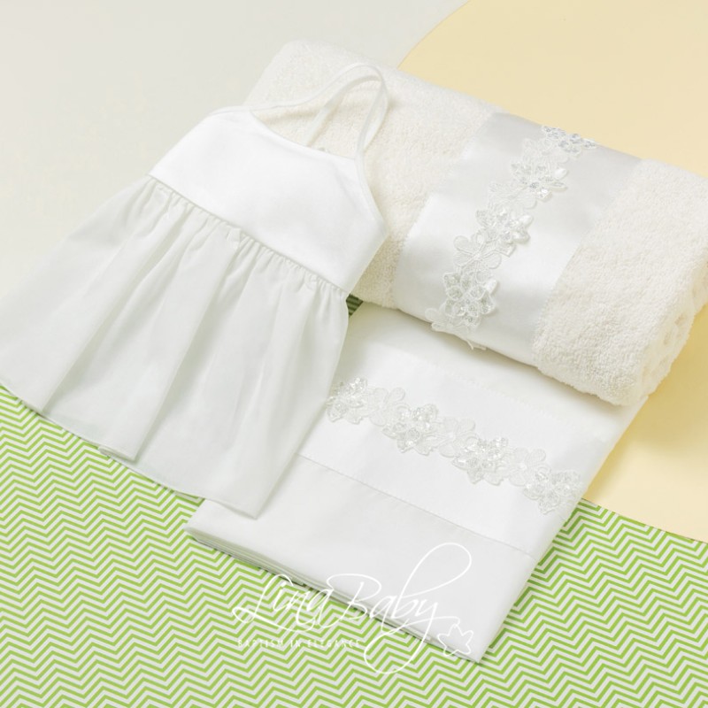 Λαδόπανα Βάπτισης – Off White με Σατέν Φάσα & Φλοράλ Τρέσα