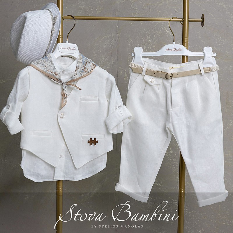 Βαπτιστικό Σύνολο Αγόρι Λινό Λευκό με Φουλάρι – Stova Bambini