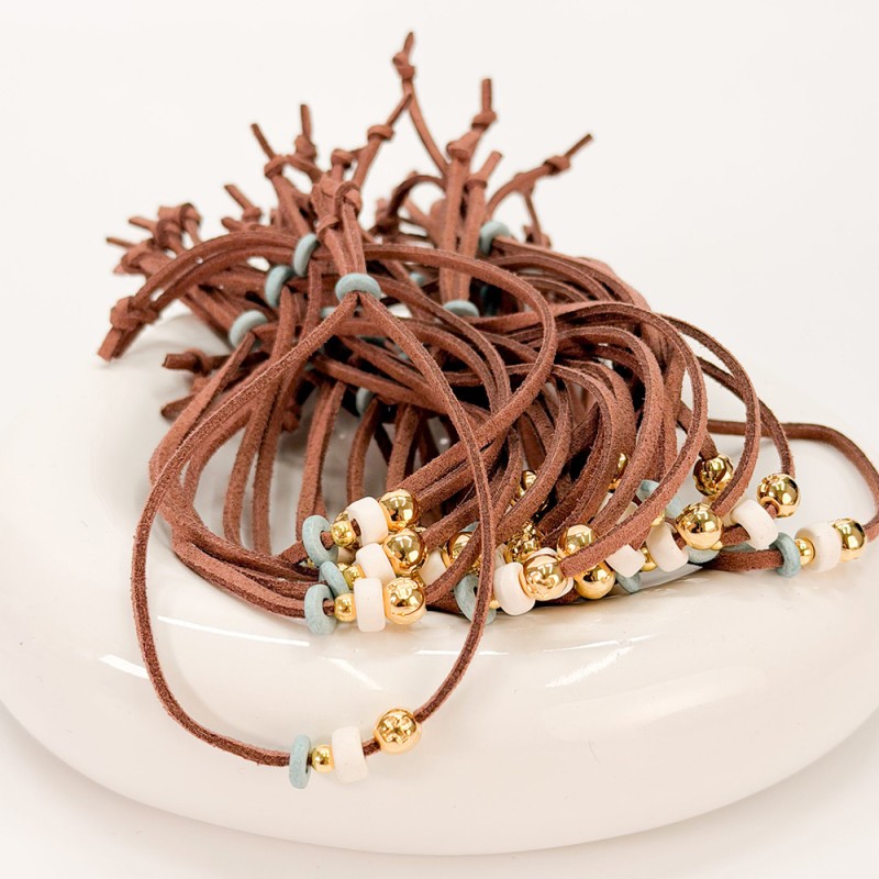 Μαρτυρικό Βραχιόλι Βάπτισης Καφέ Σουέτ με Κεραμικές Ροδέλες