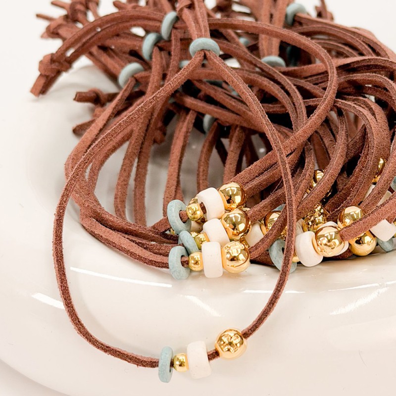 Μαρτυρικό Βραχιόλι Βάπτισης Καφέ Σουέτ με Κεραμικές Ροδέλες