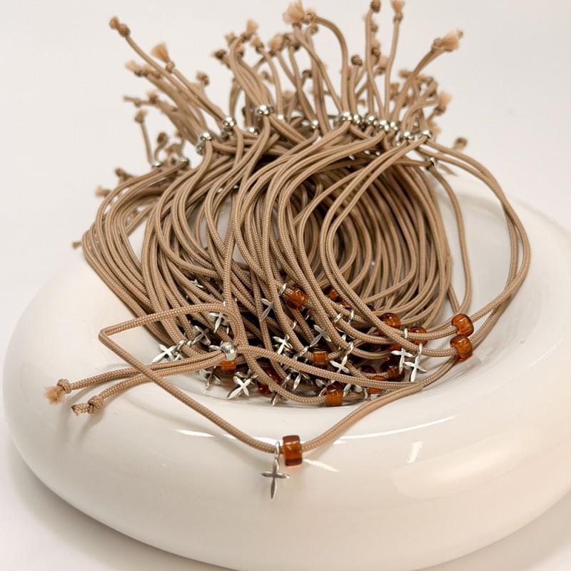 Μαρτυρικό Βραχιόλι Βάπτισης Μπεζ με Καφέ Χάντρα και Σταυρό