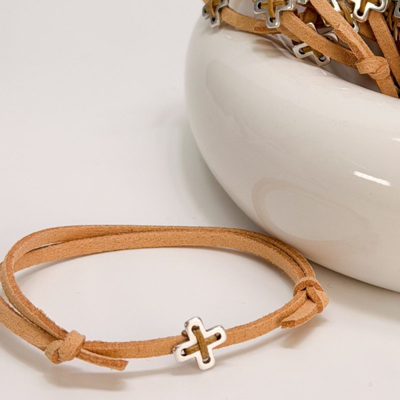 Μαρτυρικό Βραχιόλι Βάπτισης Μπεζ Σουετ με Σταυρό