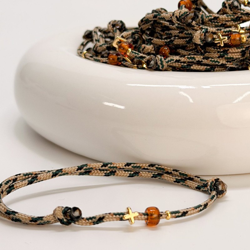 Μαρτυρικό Βραχιόλι Βάπτισης με Τρίχρωμο Κορδόνι και Χρυσό Σταυρό