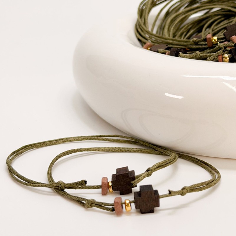 Μαρτυρικό Βραχιόλι Βάπτισης Λαδί με Ξύλινο Σταυρό