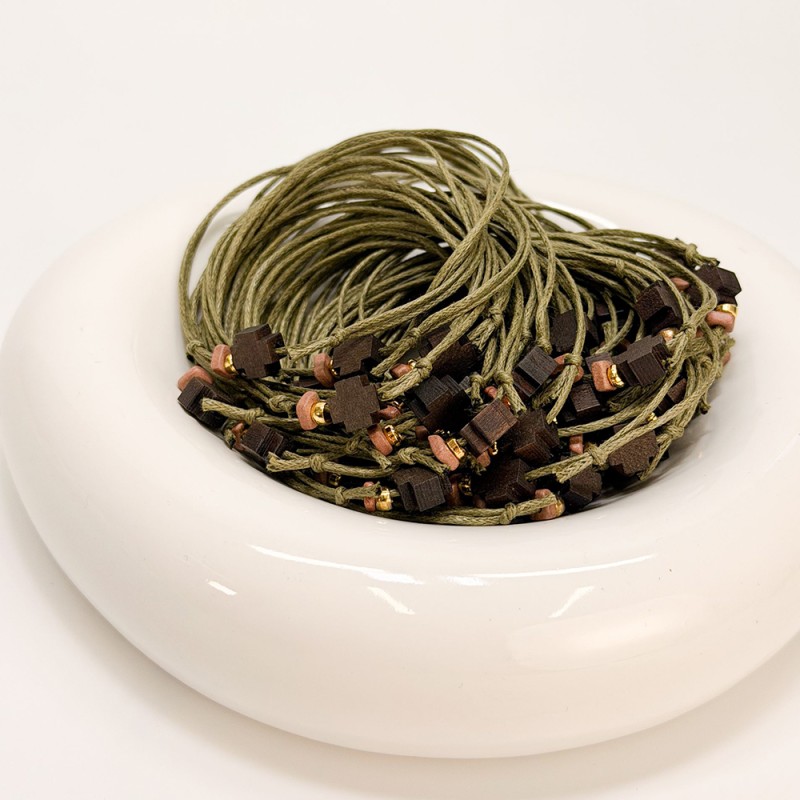 Μαρτυρικό Βραχιόλι Βάπτισης Λαδί με Ξύλινο Σταυρό