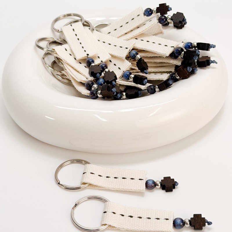 Μαρτυρικό Μπρελόκ Βάπτισης Εκρού με Ξύλινο Σταυρό & Μπλε Χάντρα