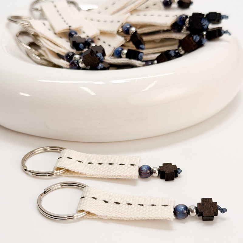 Μαρτυρικό Μπρελόκ Βάπτισης Εκρού με Ξύλινο Σταυρό & Μπλε Χάντρα