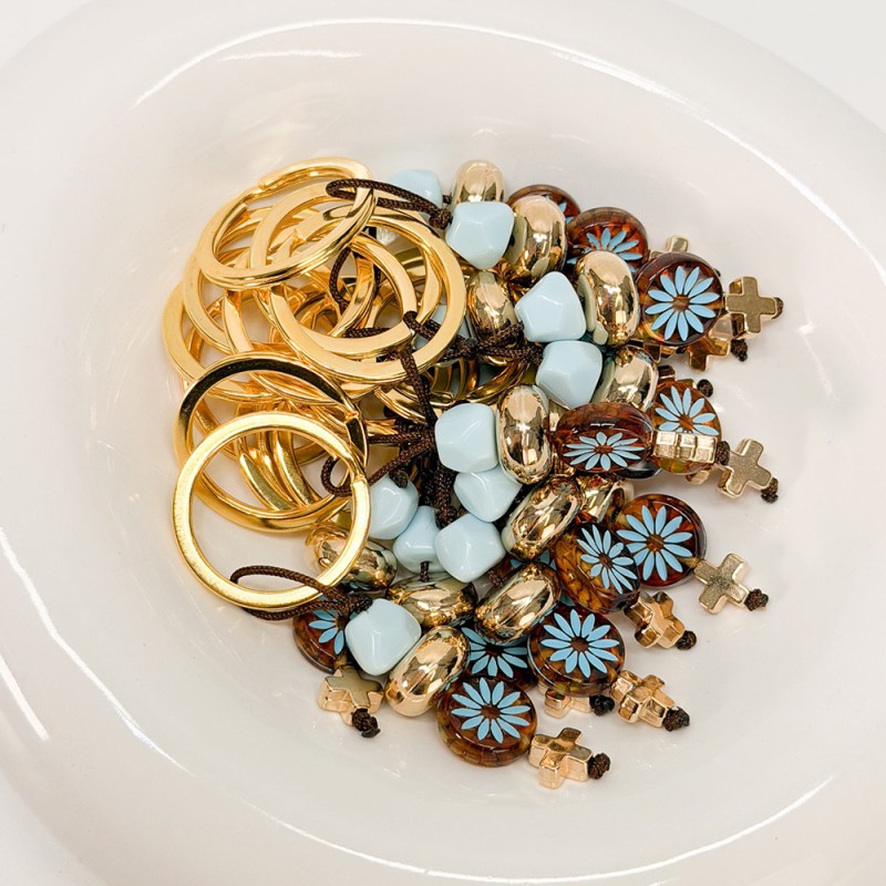 Μαρτυρικό Μπρελόκ Βάπτισης Καφέ με Γαλάζιες Χάντρες και Λουλούδι