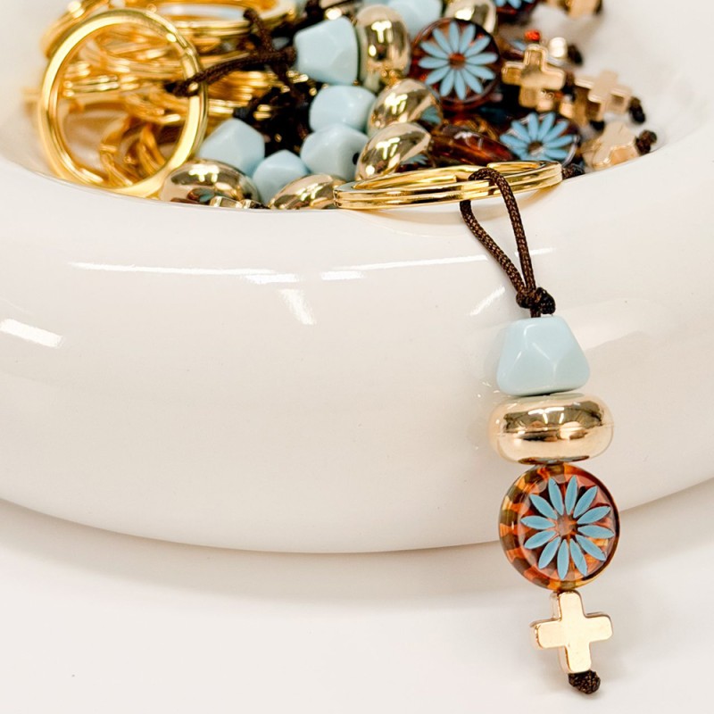 Μαρτυρικό Μπρελόκ Βάπτισης Καφέ με Γαλάζιες Χάντρες και Λουλούδι