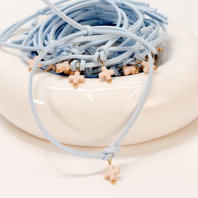 Μαρτυρικό Βραχιόλι Βάπτισης Γαλάζιο Σουέτ με Ακρυλικό Σταυρό