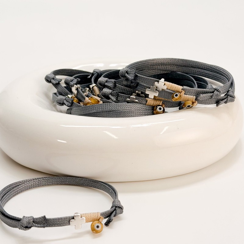 Μαρτυρικό Βραχιόλι Βάπτισης με Γκρι Κορδόνι Δέρμα Φιδιού, Σταυρό & Ματάκι