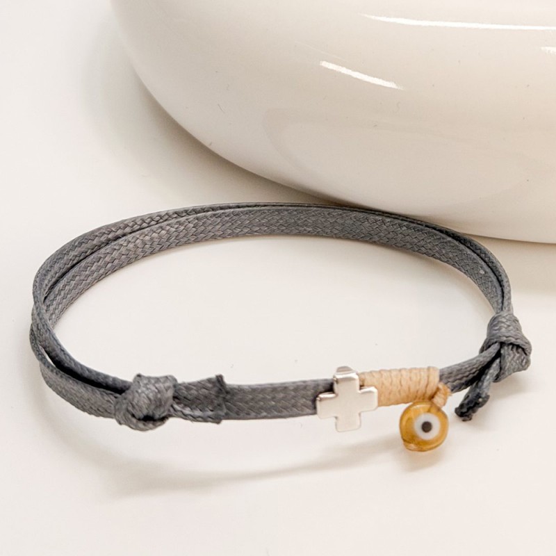 Μαρτυρικό Βραχιόλι Βάπτισης με Γκρι Κορδόνι Δέρμα Φιδιού, Σταυρό & Ματάκι