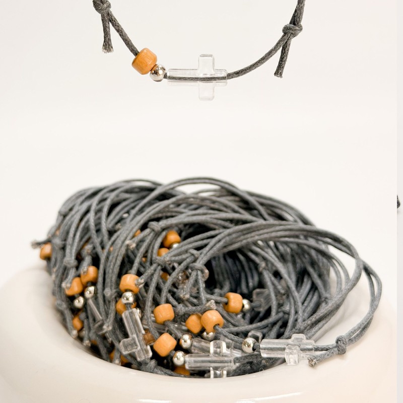 Μαρτυρικό Βραχιόλι Βάπτισης με Γκρι Κορδόνι, Ξύλινη Χάντρα & Διάφανο Σταυρό