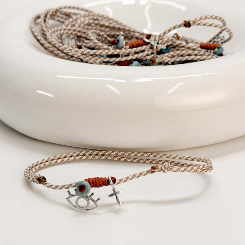 Μαρτυρικό Βραχιόλι Βάπτισης με Δίχρωμο Κορδόνι, Ματάκι & Ασημί Σταυρό