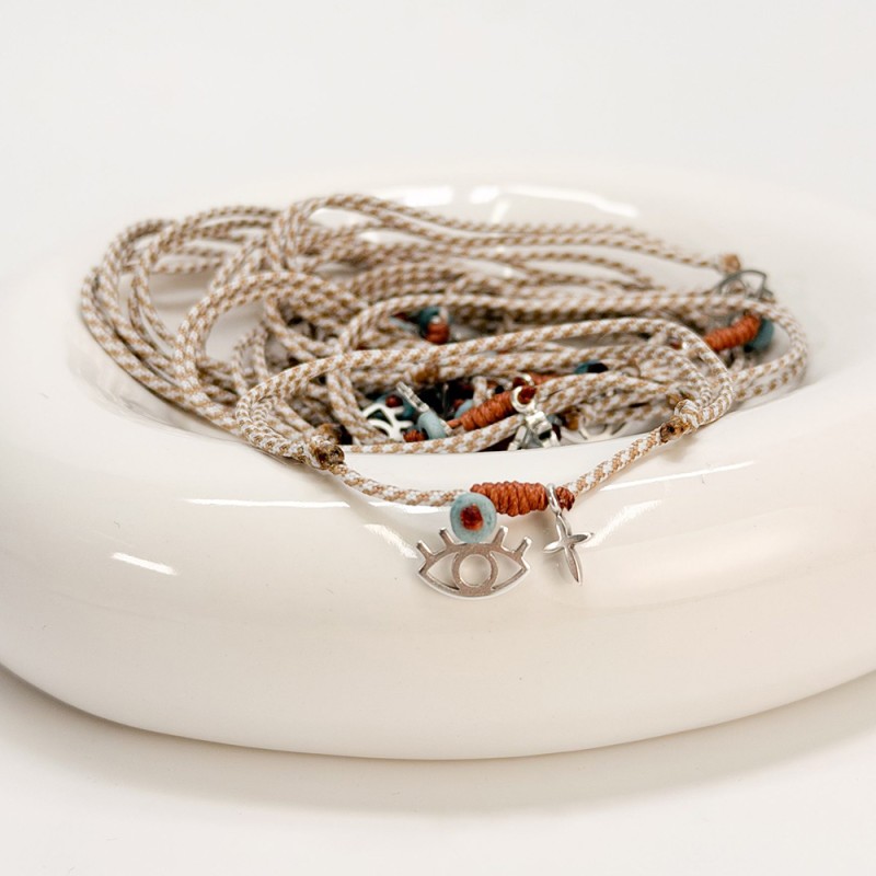 Μαρτυρικό Βραχιόλι Βάπτισης με Δίχρωμο Κορδόνι, Ματάκι & Ασημί Σταυρό