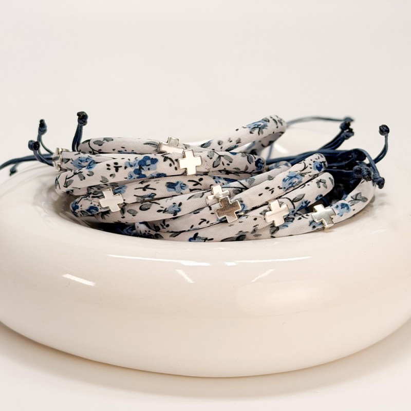 Μαρτυρικό Βραχιόλι Βάπτισης Φλοράλ Μπλε με Ασημί Σταυρό