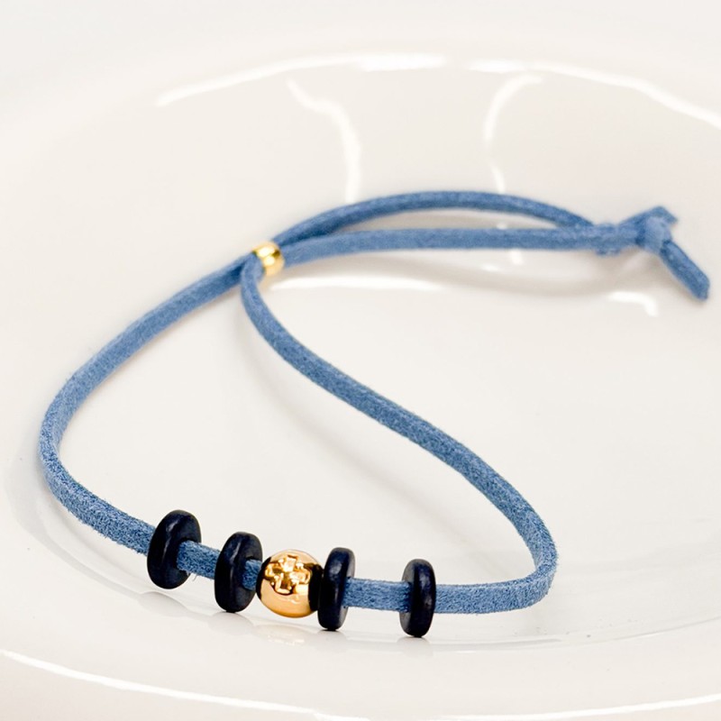 Μαρτυρικό Βραχιόλι Βάπτισης Μπλε Σουετ με Επιχρυσωμένο Σταυρό