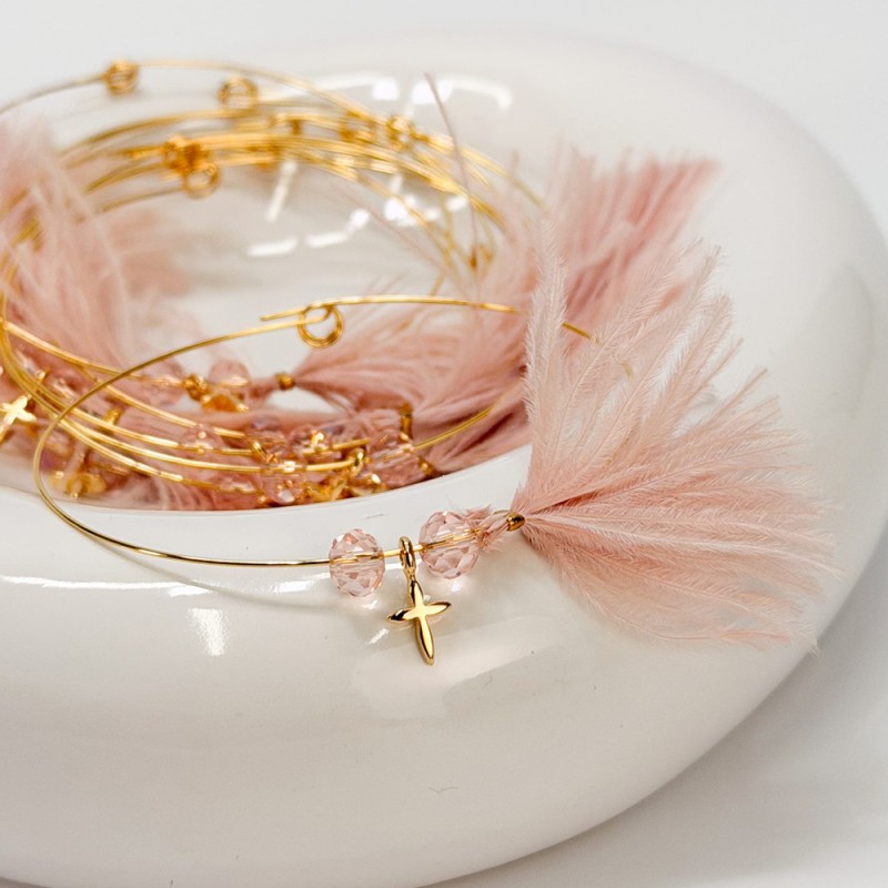 Μαρτυρικό Βραχιόλι με Memory Wire, Ροζ Κρύσταλλα, Φτερό Σάπιο Μήλο & Σταυρό