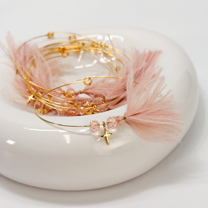 Μαρτυρικό Βραχιόλι με Memory Wire, Ροζ Κρύσταλλα, Φτερό Σάπιο Μήλο & Σταυρό