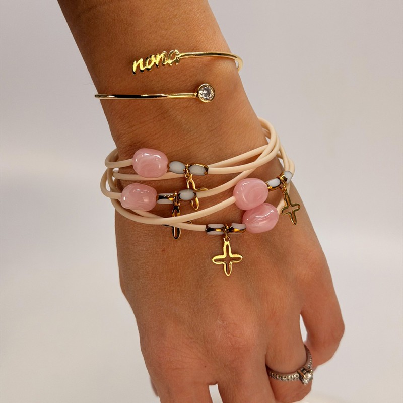 Μαρτυρικό Βραχιόλι με Εκρού Καουτσούκ Κορδόνι, Ροζ Χάντρα & Stainless Steel Σταυρό