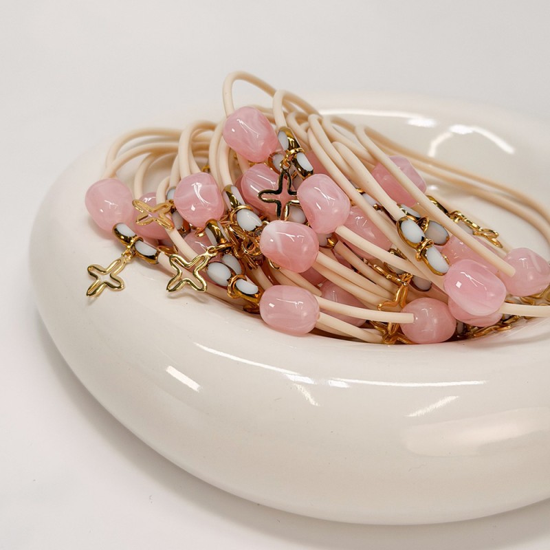 Μαρτυρικό Βραχιόλι με Εκρού Καουτσούκ Κορδόνι, Ροζ Χάντρα & Stainless Steel Σταυρό