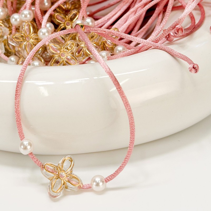 Μαρτυρικό Βραχιόλι με Κορδόνι Σάπιο Μήλο, Πέρλες & Σταυρό Λουλούδι