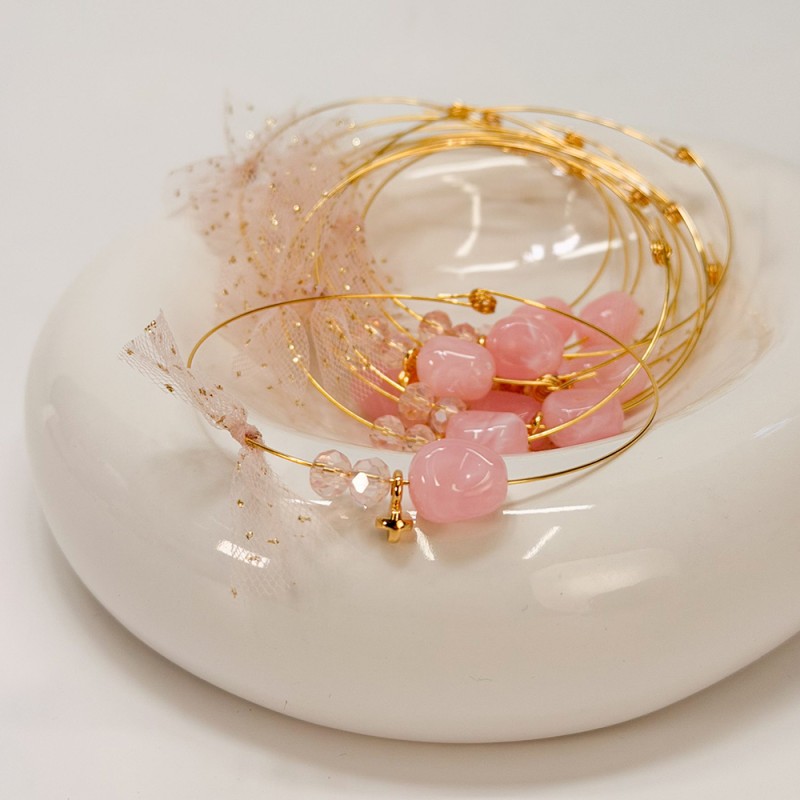 Μαρτυρικό Βραχιόλι με Memory Wire, Ροζ Χάντρα, Κρύσταλλα & Επιχρυσωμένο Σταυρό