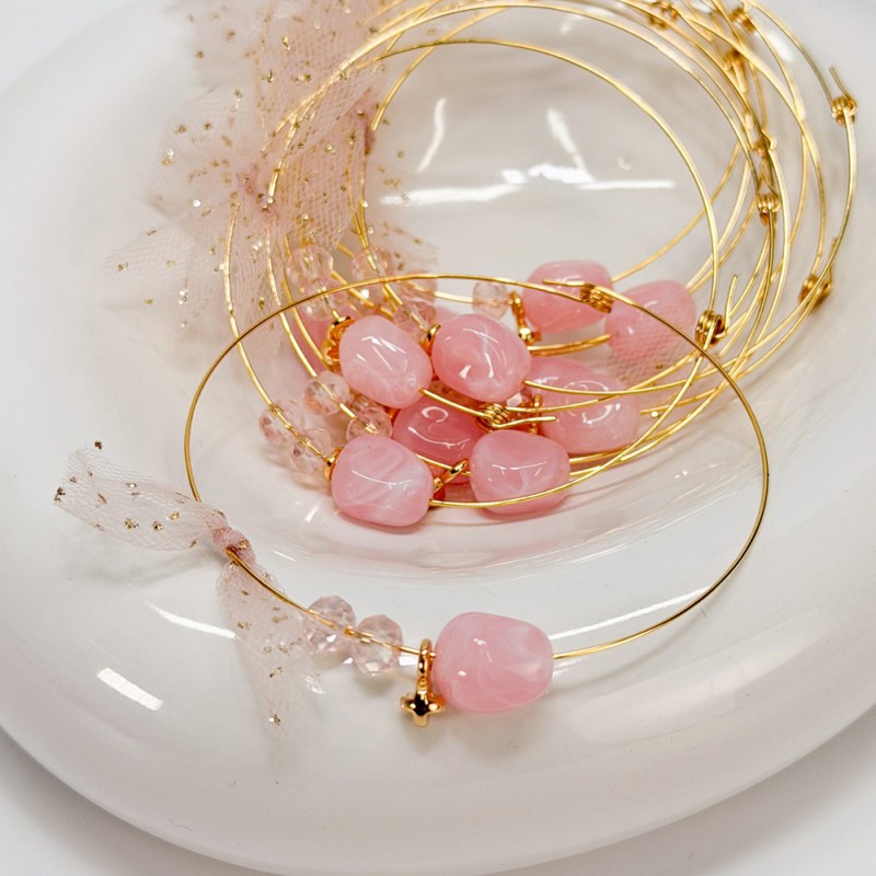 Μαρτυρικό Βραχιόλι με Memory Wire, Ροζ Χάντρα, Κρύσταλλα & Επιχρυσωμένο Σταυρό