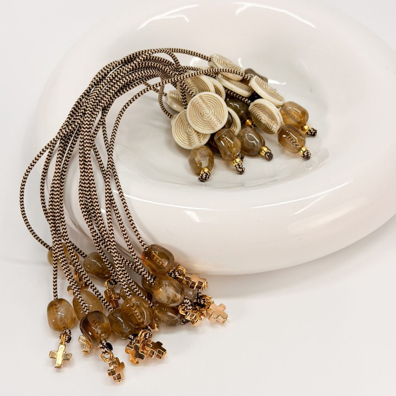 Μαρτυρικό Μπεγλέρι Βάπτισης με Δίχρωμο Κορδόνι, Καφέ Χάντρες & Σταυρό