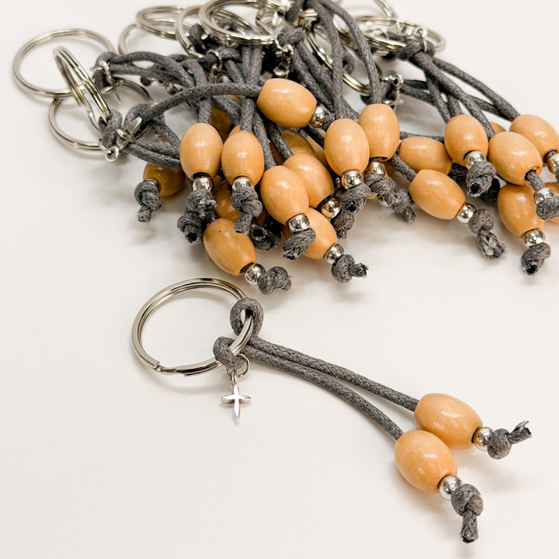 Μαρτυρικό Μπρελόκ Βάπτισης με Γκρι Κορδόνι, Ξύλινες Χάντρες & Σταυρό