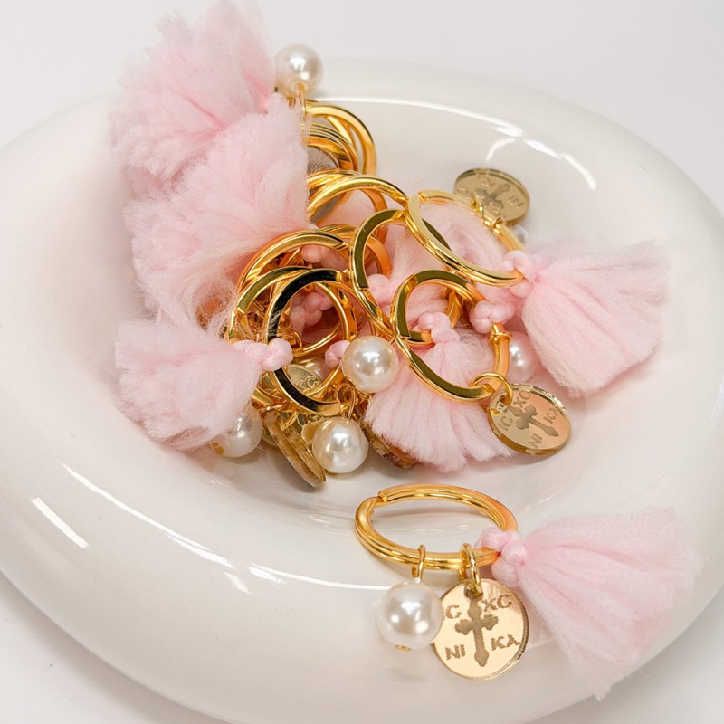 Μαρτυρικό Μπρελόκ Βάπτισης με Ροζ Φούντα, Πέρλα & Σταυρό Κωνσταντινάτο Plexiglass