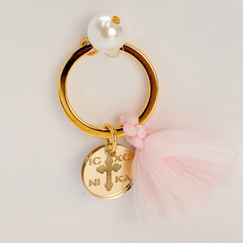 Μαρτυρικό Μπρελόκ Βάπτισης με Ροζ Φούντα, Πέρλα & Σταυρό Κωνσταντινάτο Plexiglass