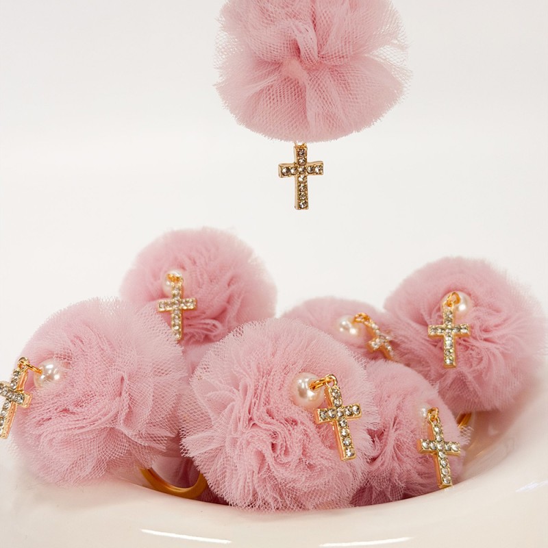 Μαρτυρικό Μπρελόκ με Ροζ Τούλινη Φούντα, Πέρλα & Σταυρό με Στρας