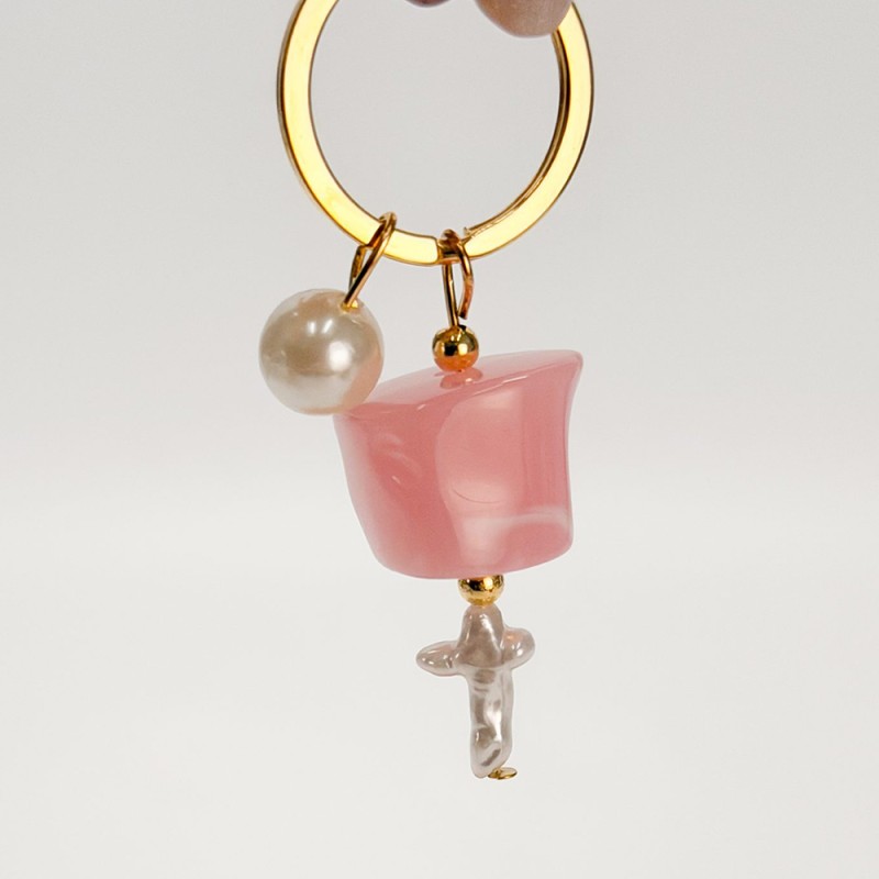 Μαρτυρικό Μπρελόκ με Ροζ Ακρυλική Χάντρα, Πέρλα & Περλέ Σταυρό