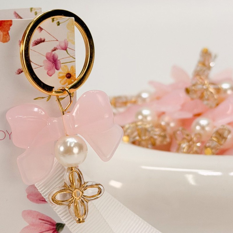 Μαρτυρικό Μπρελόκ Βάπτισης με Ροζ Φιογκάκι, Πέρλα & Σταυρό Λουλούδι