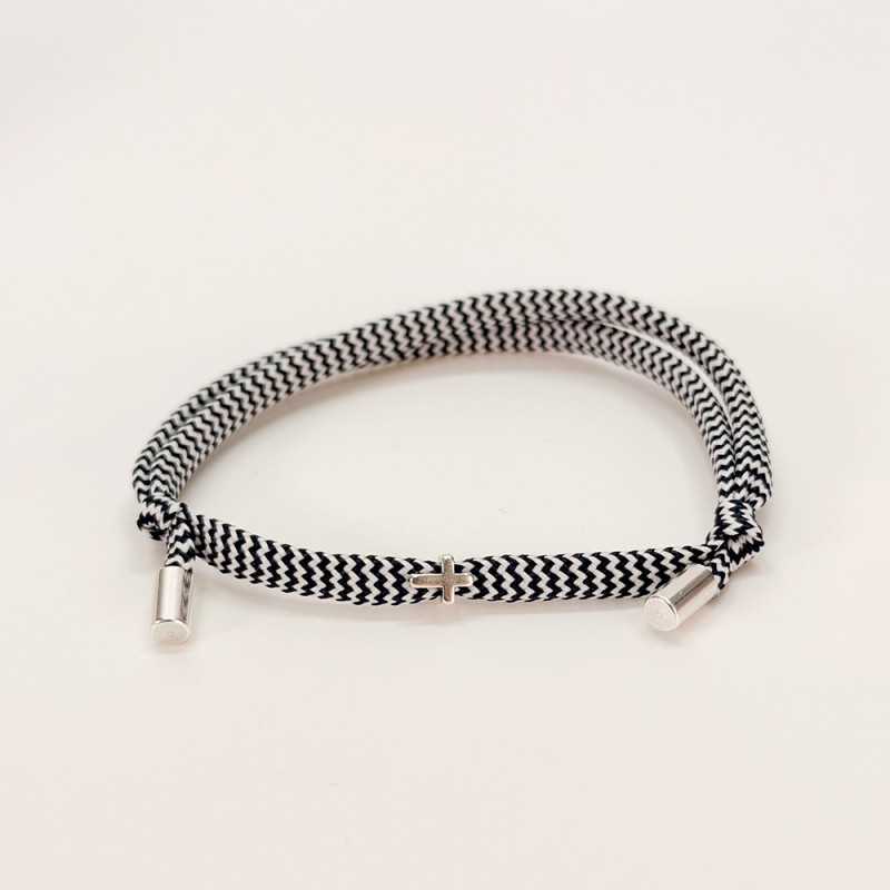 Μαρτυρικό Βραχιόλι Βάπτισης Δίχρωμο Πλακέ Κορδόνι με Ασημί Σταυρό