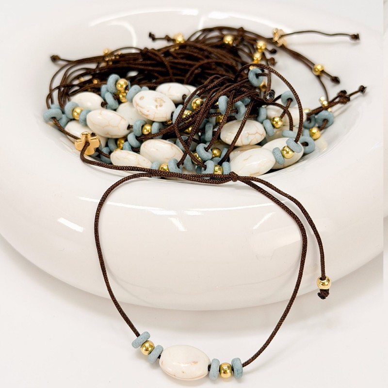 Μαρτυρικό Βραχιόλι Βάπτισης Καφέ Σατέν με Χαολίτη και Κεραμικές Ροδέλες