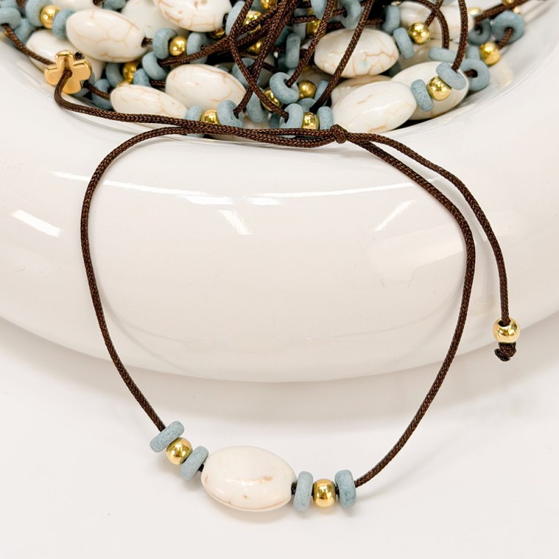 Μαρτυρικό Βραχιόλι Βάπτισης Καφέ Σατέν με Χαολίτη και Κεραμικές Ροδέλες