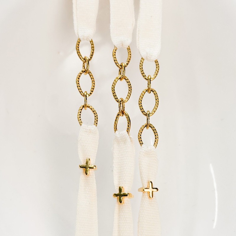 Μαρτυρικό Βραχιόλι με Εκρού Κορδέλα, Αλυσίδα & Επιχρυσωμένο Σταυρό