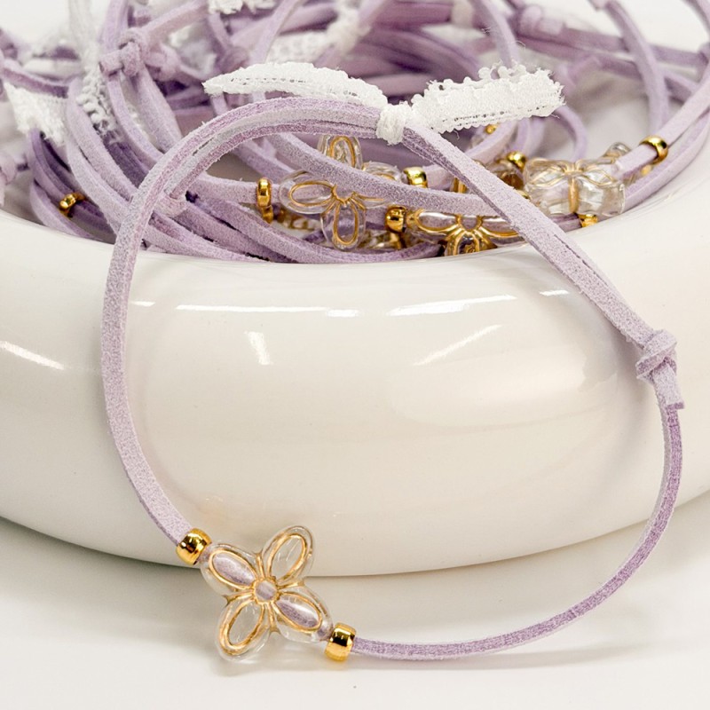Μαρτυρικό Βραχιόλι Λιλά Σουέτ με Σταυρό Λουλούδι & Δαντέλα