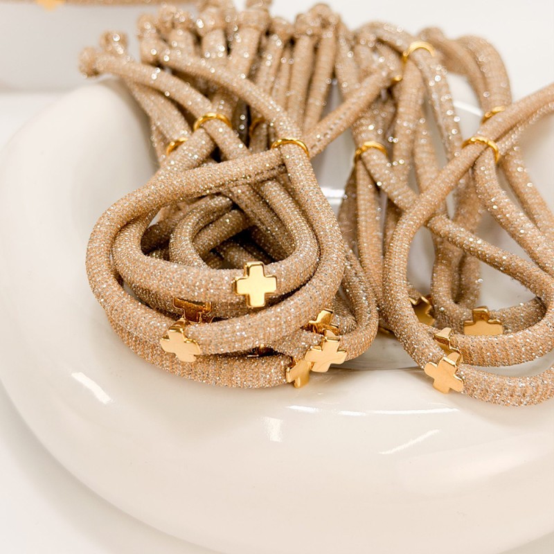 Μαρτυρικό Βραχιόλι με Μπεζ Κορδόνι Ασημοκλωστής & Επιχρυσωμένο Σταυρό