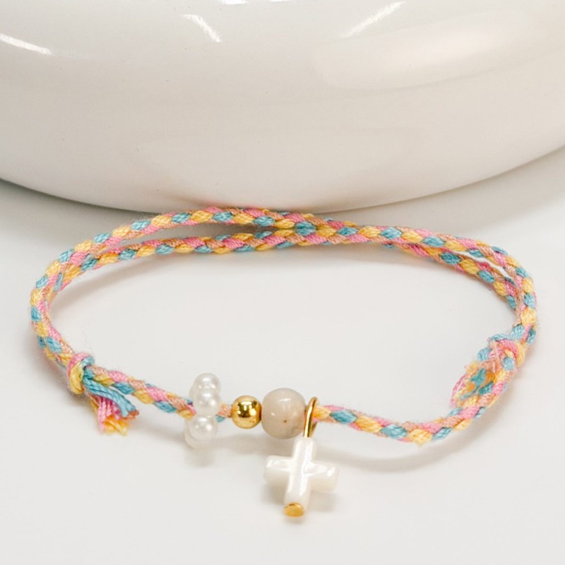 Μαρτυρικό Βραχιόλι με Πολύχρωμο Κορδόνι, Ακρυλικό Σταυρό & Χάντρες