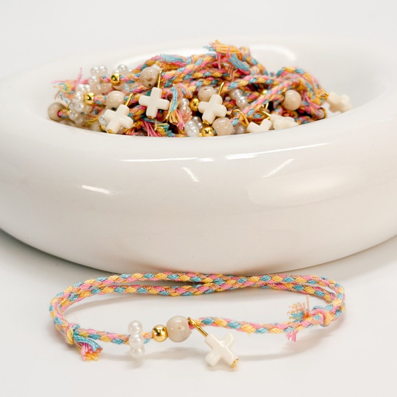 Μαρτυρικό Βραχιόλι με Πολύχρωμο Κορδόνι, Ακρυλικό Σταυρό & Χάντρες
