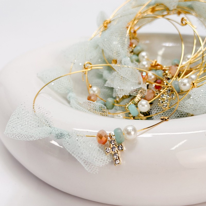 Μαρτυρικό Βραχιόλι Memory Wire με Πέρλα, Βεραμάν Τούλι & Σταυρό με Στρας