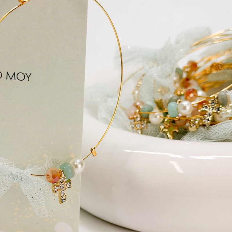 Μαρτυρικό Βραχιόλι Memory Wire με Πέρλα, Βεραμάν Τούλι & Σταυρό με Στρας