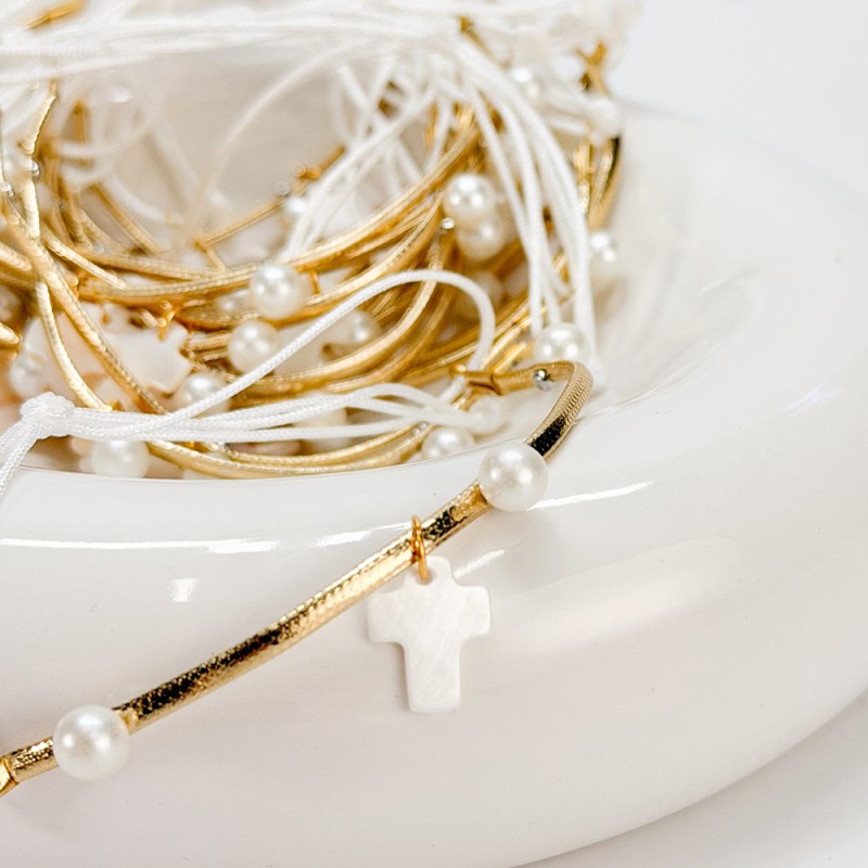 Μαρτυρικό Βραχιόλι με Χρυσό Κορδόνι, Πέρλες & Φίλντισι Σταυρό